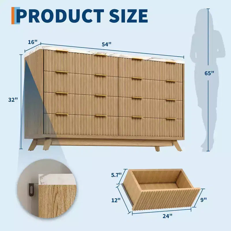 54" Wide Fluted 8-Drawer Modern Wood Chest of Drawers — Closet Organizer & TV Stand