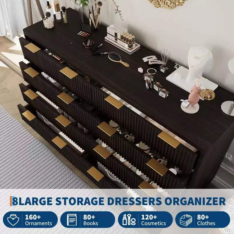 54" Wide Fluted 8-Drawer Modern Wood Chest of Drawers — Closet Organizer & TV Stand