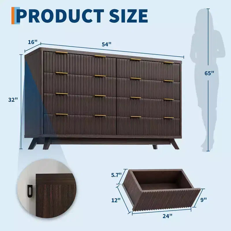 54" Wide Fluted 8-Drawer Modern Wood Chest of Drawers — Closet Organizer & TV Stand