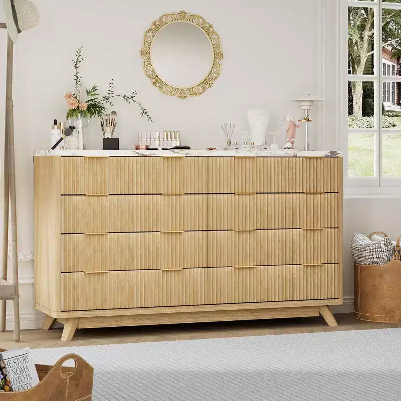 54" Wide Fluted 8-Drawer Modern Wood Chest of Drawers — Closet Organizer & TV Stand