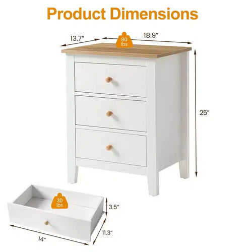Table de chevet à 3 tiroirs avec poignées en bois massif – Blanc et bois naturel