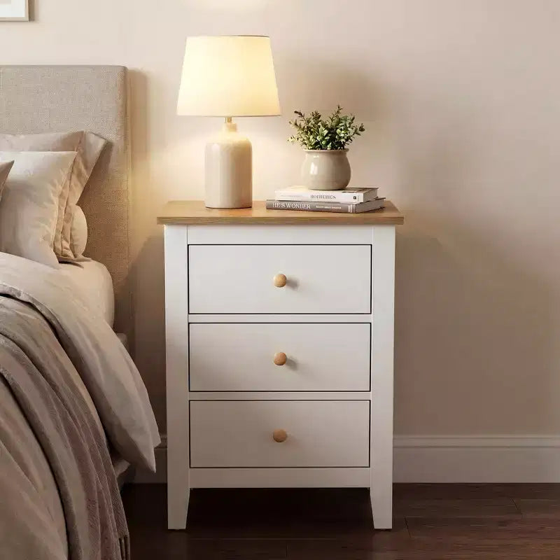 3-Drawer Nightstand with Solid Wood Knobs — White & Natural Wood