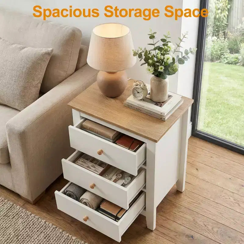 3-Drawer Nightstand with Solid Wood Knobs — White & Natural Wood