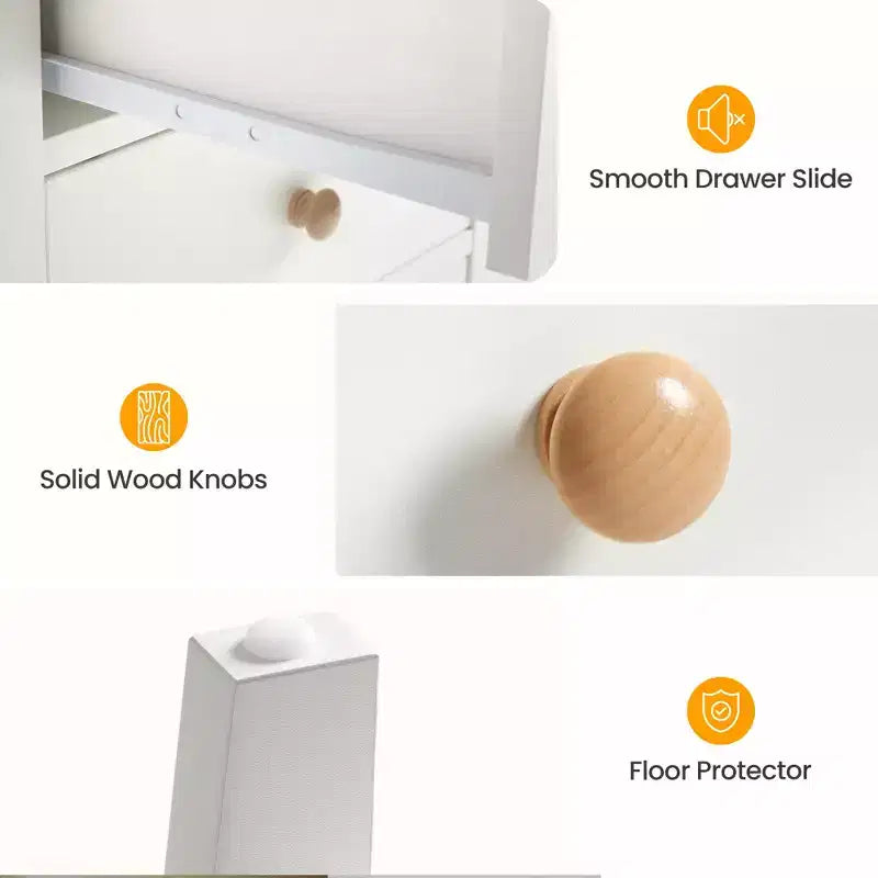 3-Drawer Nightstand with Solid Wood Knobs — White & Natural Wood