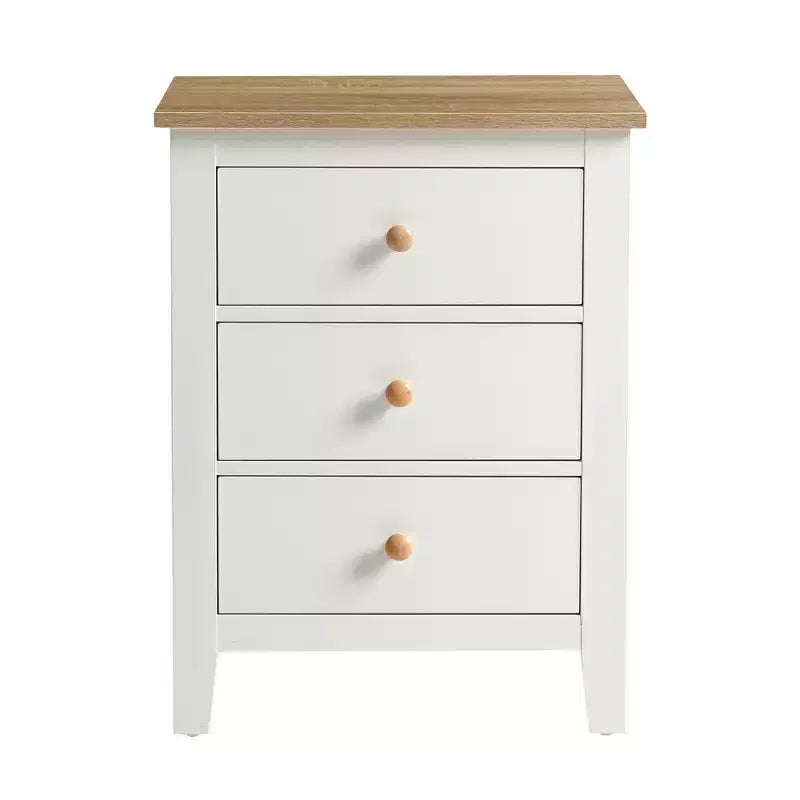 3-Drawer Nightstand with Solid Wood Knobs — White & Natural Wood