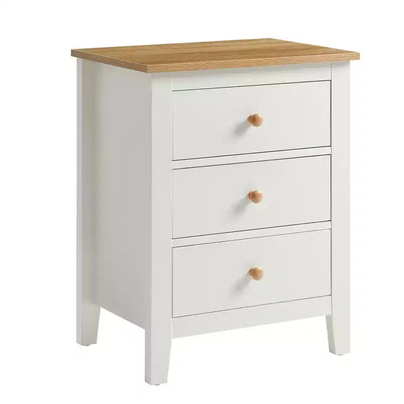 3-Drawer Nightstand with Solid Wood Knobs — White & Natural Wood