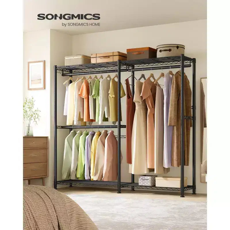 Heavy-Duty Garment Rack with Adjustable Shelves, Hanging Rails & Dust Cover — Cloud White