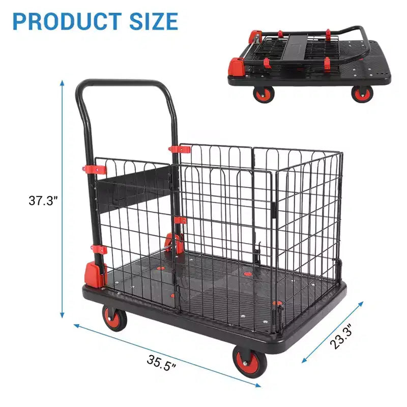 1000 lbs Platform Cart with Cage — 4-Wheel Folding Dolly for Warehouse Moving & Storage