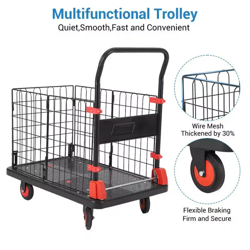 1000 lbs Platform Cart with Cage — 4-Wheel Folding Dolly for Warehouse Moving & Storage