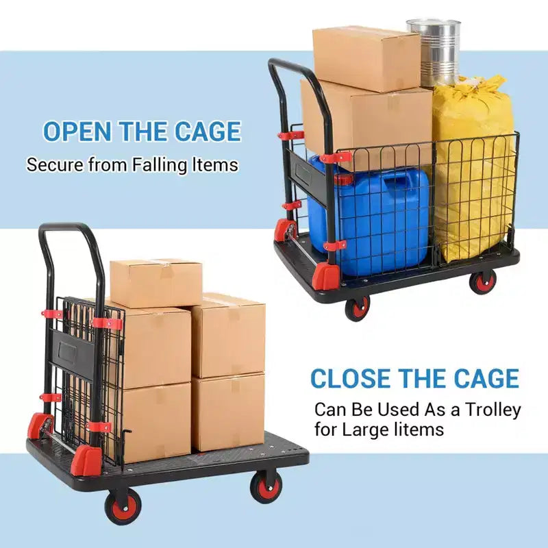 1000 lbs Platform Cart with Cage — 4-Wheel Folding Dolly for Warehouse Moving & Storage
