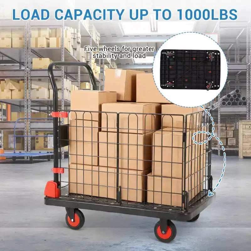 1000 lbs Platform Cart with Cage — 4-Wheel Folding Dolly for Warehouse Moving & Storage