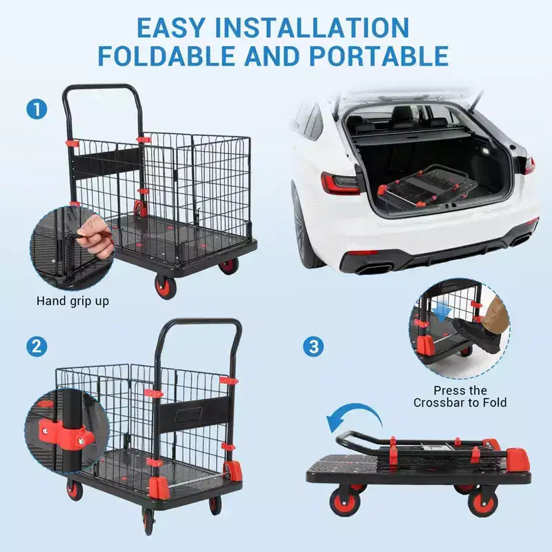 1000 lbs Platform Cart with Cage — 4-Wheel Folding Dolly for Warehouse Moving & Storage