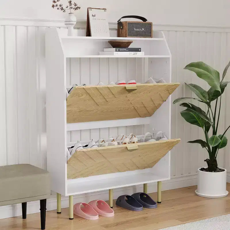 Narrow Shoe Cabinet with 2 Drawers, Slim Freestanding Shoe Storage Cabinet for Entryway, Hidden Shoe Organizer Rack with Top Shelf