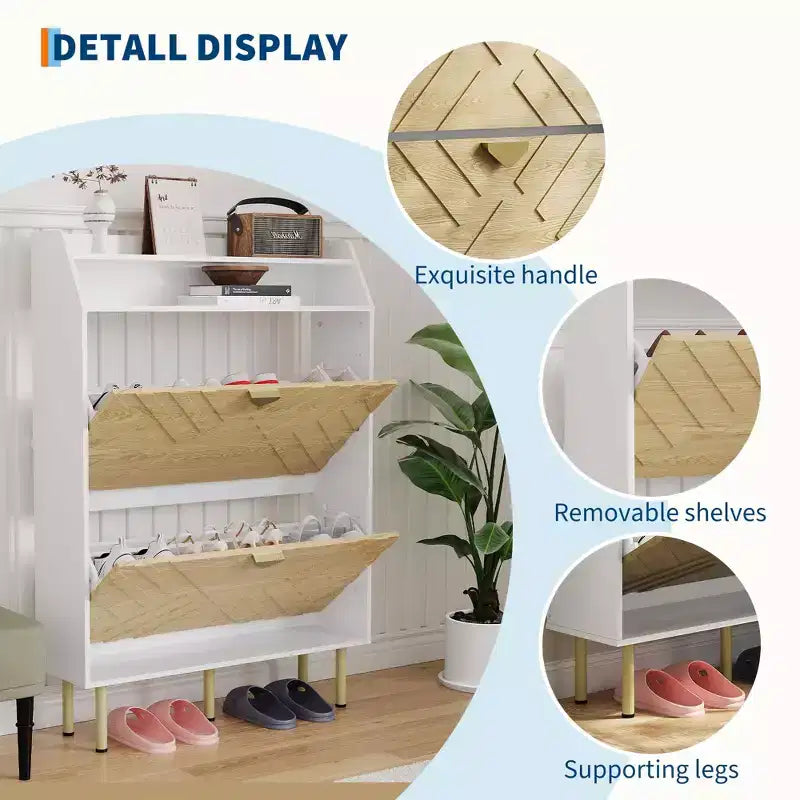Narrow Shoe Cabinet with 2 Drawers, Slim Freestanding Shoe Storage Cabinet for Entryway, Hidden Shoe Organizer Rack with Top Shelf