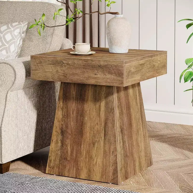 Rustic Square Side Table with Wide Base — Farmhouse Nightstand for Living Room