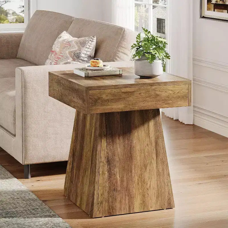 Rustic Square Side Table with Wide Base — Farmhouse Nightstand for Living Room