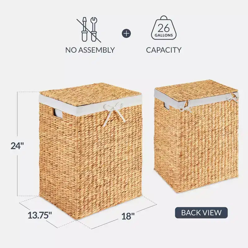 Handwoven Water Hyacinth Laundry Hamper with Lid, Removable Liner & Built-in Handles