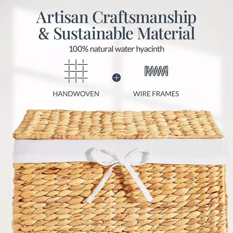 Handwoven Water Hyacinth Laundry Hamper with Lid, Removable Liner & Built-in Handles
