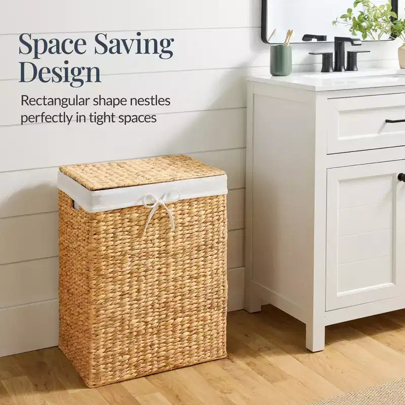 Handwoven Water Hyacinth Laundry Hamper with Lid, Removable Liner & Built-in Handles