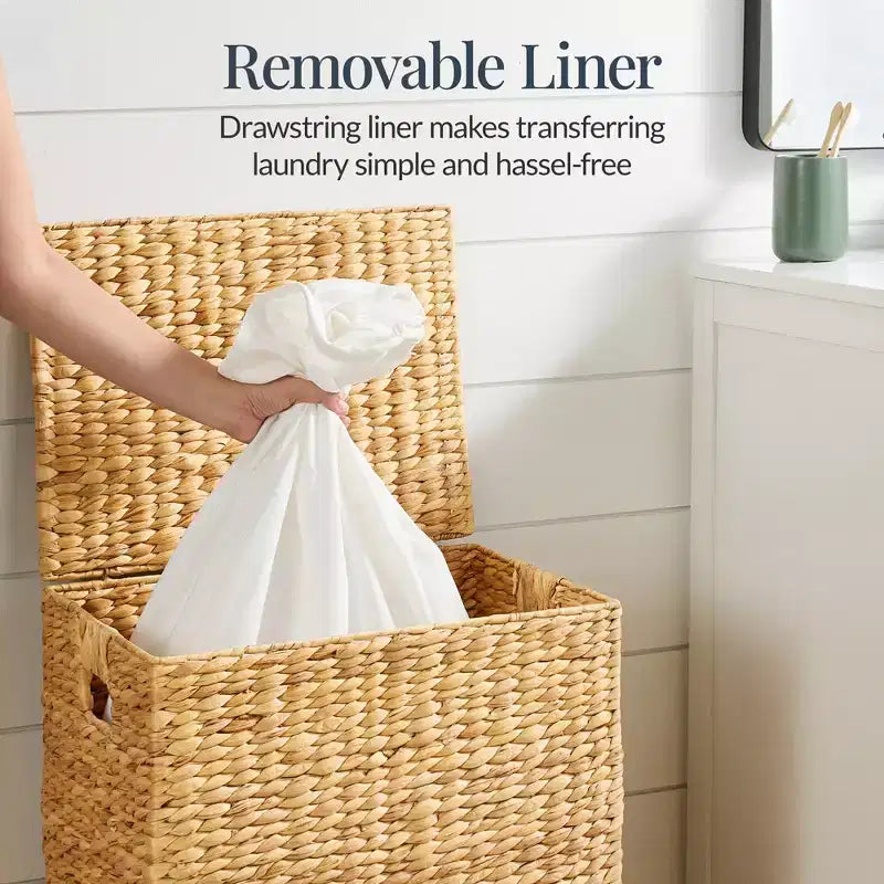 Handwoven Water Hyacinth Laundry Hamper with Lid, Removable Liner & Built-in Handles