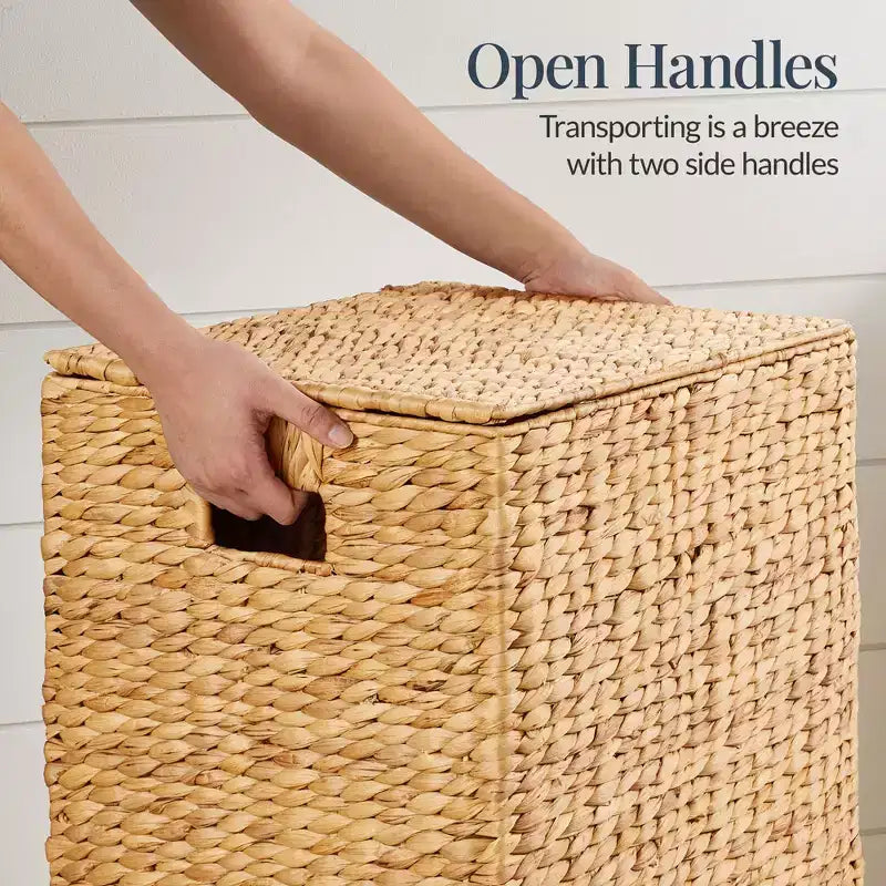 Handwoven Water Hyacinth Laundry Hamper with Lid, Removable Liner & Built-in Handles
