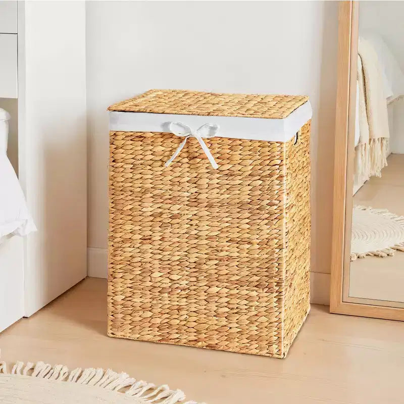 Handwoven Water Hyacinth Laundry Hamper with Lid, Removable Liner & Built-in Handles