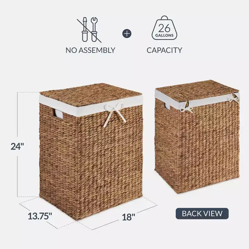 Handwoven Water Hyacinth Laundry Hamper with Lid, Removable Liner & Built-in Handles