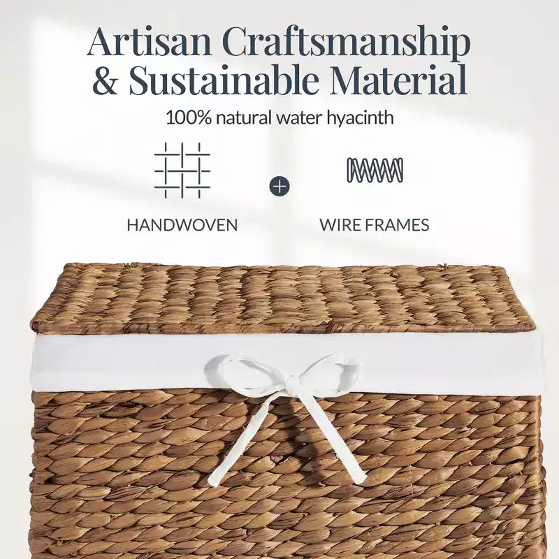 Handwoven Water Hyacinth Laundry Hamper with Lid, Removable Liner & Built-in Handles