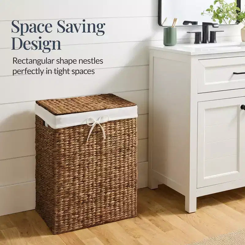 Handwoven Water Hyacinth Laundry Hamper with Lid, Removable Liner & Built-in Handles