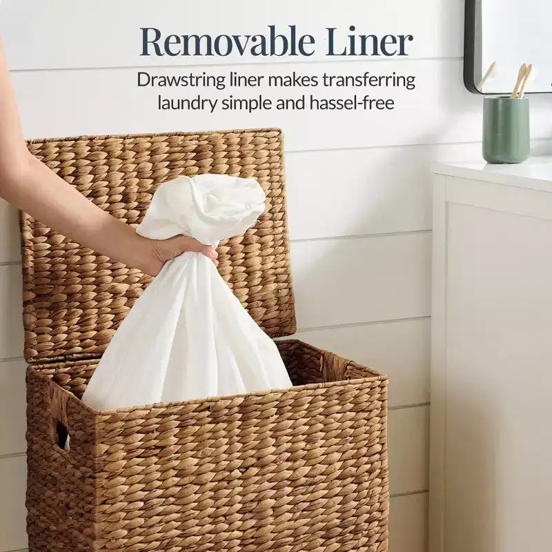 Handwoven Water Hyacinth Laundry Hamper with Lid, Removable Liner & Built-in Handles