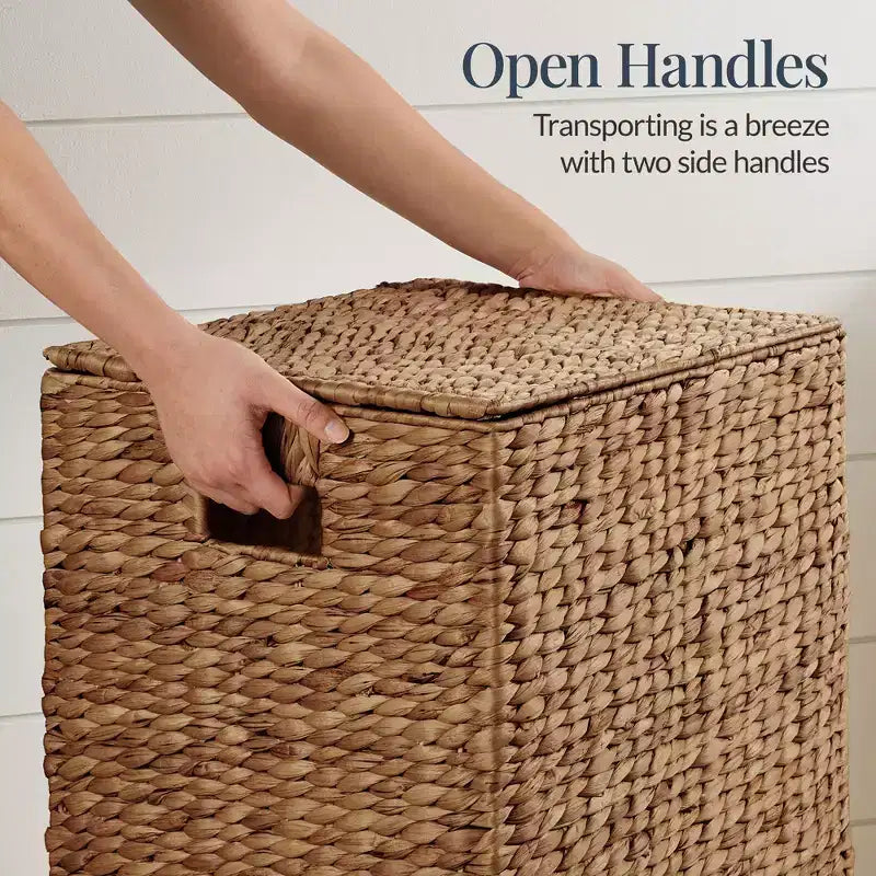 Handwoven Water Hyacinth Laundry Hamper with Lid, Removable Liner & Built-in Handles