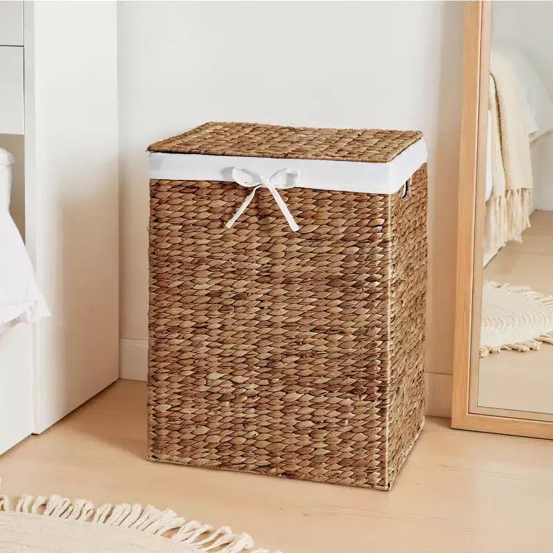 Handwoven Water Hyacinth Laundry Hamper with Lid, Removable Liner & Built-in Handles