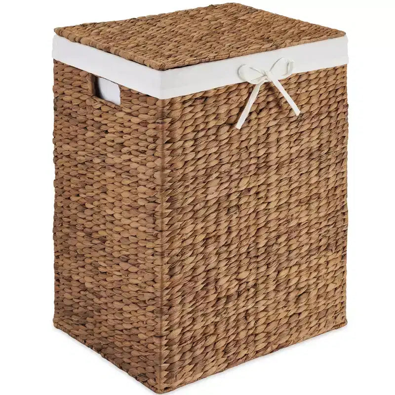 Handwoven Water Hyacinth Laundry Hamper with Lid, Removable Liner & Built-in Handles