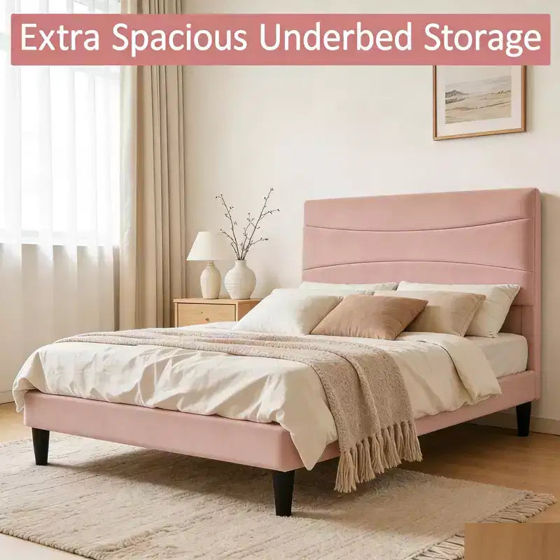 Velvet Upholstered Bed Frame with Soft Headboard, Sturdy Wood Slats, Noise-Free, Easy Assembly, No Box Spring Needed