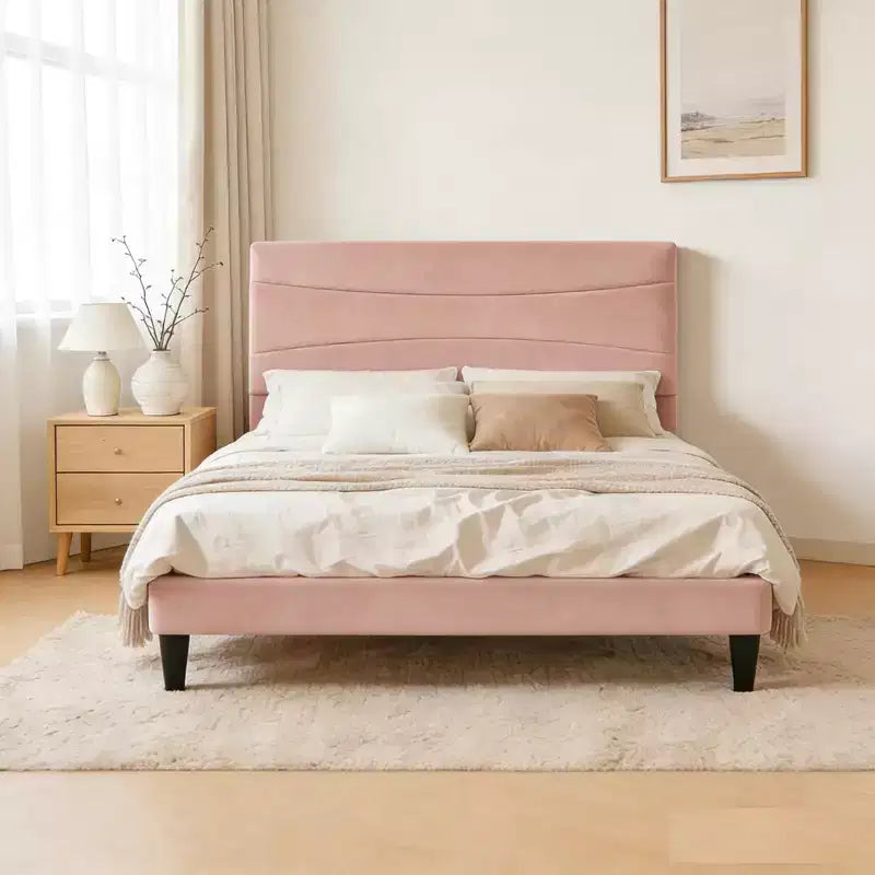 Velvet Upholstered Bed Frame with Soft Headboard, Sturdy Wood Slats, Noise-Free, Easy Assembly, No Box Spring Needed