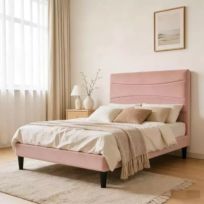 Velvet Upholstered Bed Frame with Soft Headboard, Sturdy Wood Slats, Noise-Free, Easy Assembly, No Box Spring Needed
