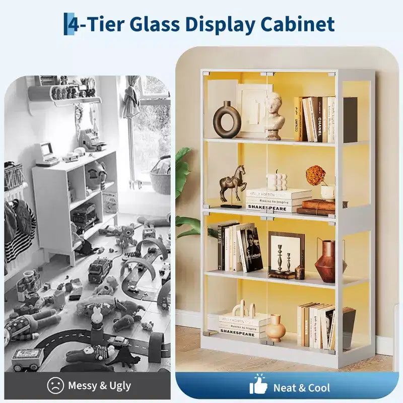 GustoWave 4-Tier Glass Display Cabinet, Black Curio Cabinet with Glass Doors, Storage Shelf for Collectibles, Living Room