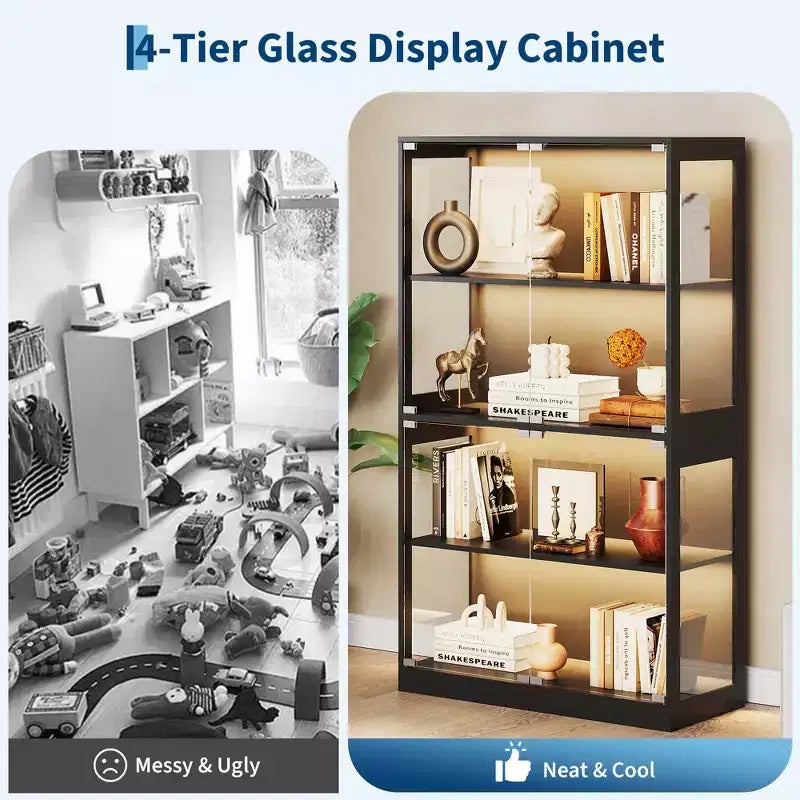 GustoWave 4-Tier Glass Display Cabinet, Black Curio Cabinet with Glass Doors, Storage Shelf for Collectibles, Living Room