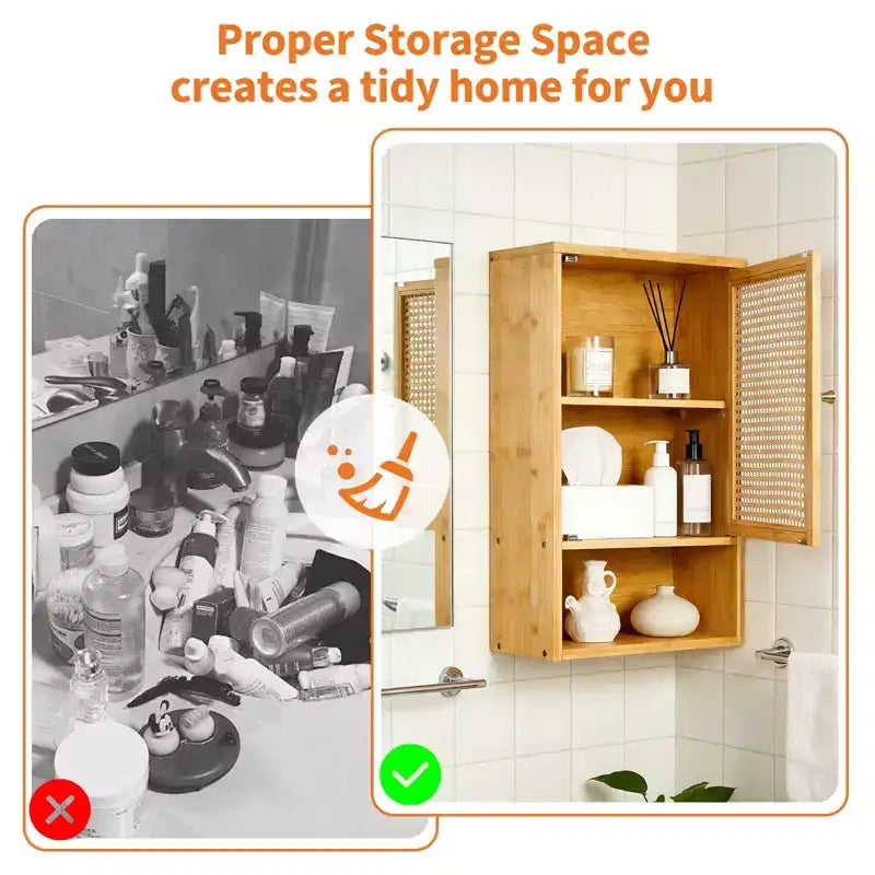 Wall Mounted Bamboo Bathroom Cabinet with Rattan Doors, Adjustable Shelf Medicine Cabinet and Space-Saving Organizer, Natural Wood/Black/White
