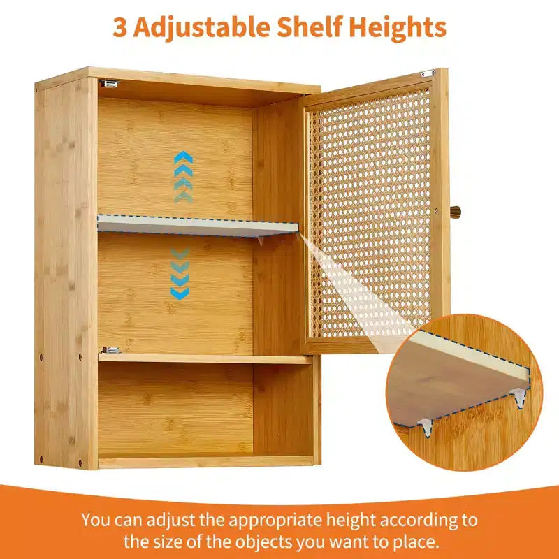 Wall Mounted Bamboo Bathroom Cabinet with Rattan Doors, Adjustable Shelf Medicine Cabinet and Space-Saving Organizer, Natural Wood/Black/White