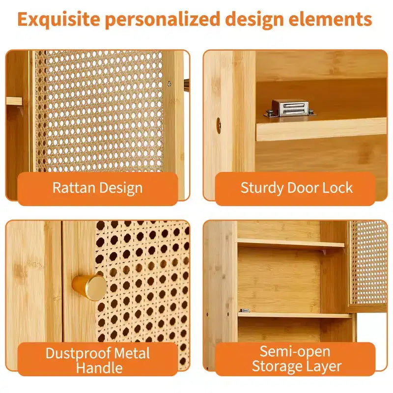 Wall Mounted Bamboo Bathroom Cabinet with Rattan Doors, Adjustable Shelf Medicine Cabinet and Space-Saving Organizer, Natural Wood/Black/White