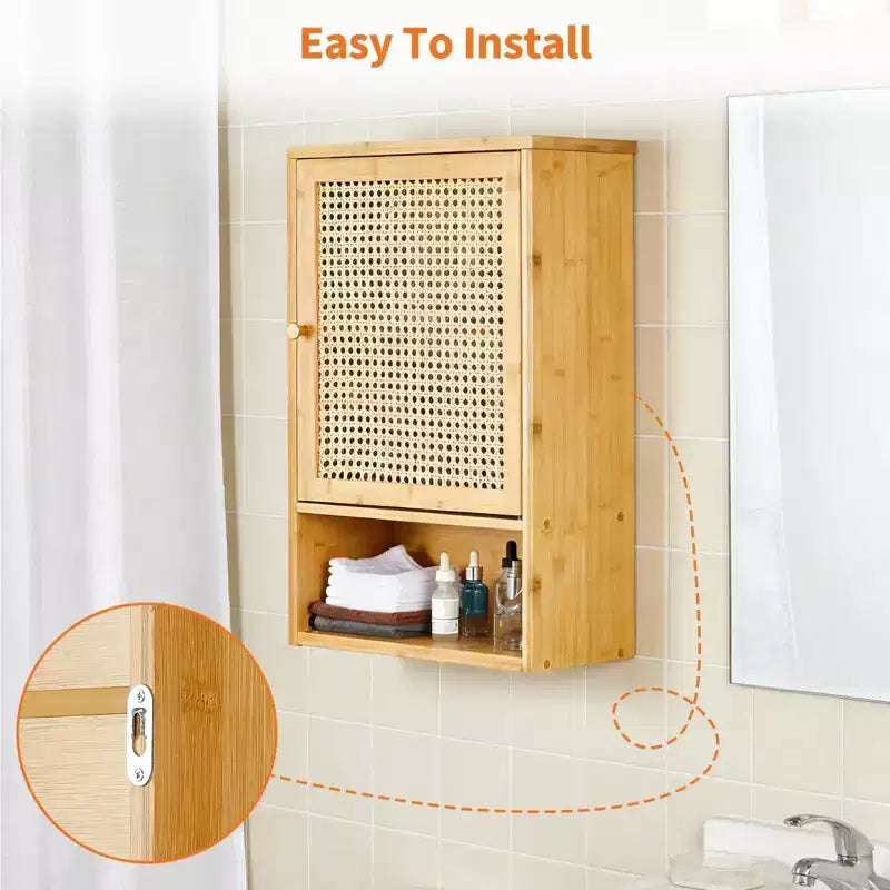 Wall Mounted Bamboo Bathroom Cabinet with Rattan Doors, Adjustable Shelf Medicine Cabinet and Space-Saving Organizer, Natural Wood/Black/White