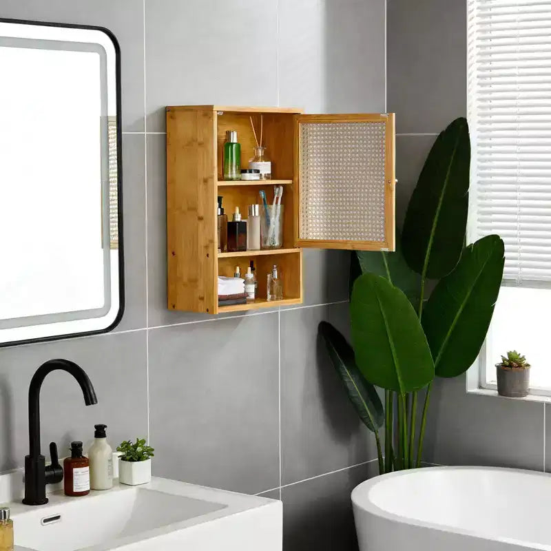 Wall Mounted Bamboo Bathroom Cabinet with Rattan Doors, Adjustable Shelf Medicine Cabinet and Space-Saving Organizer, Natural Wood/Black/White