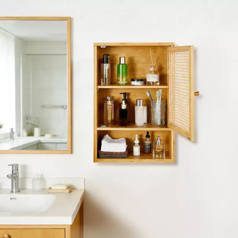 Wall Mounted Bamboo Bathroom Cabinet with Rattan Doors, Adjustable Shelf Medicine Cabinet and Space-Saving Organizer, Natural Wood/Black/White