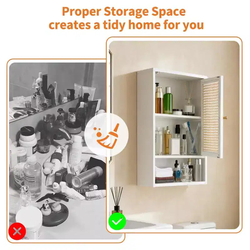 Wall Mounted Bamboo Bathroom Cabinet with Rattan Doors, Adjustable Shelf Medicine Cabinet and Space-Saving Organizer, Natural Wood/Black/White