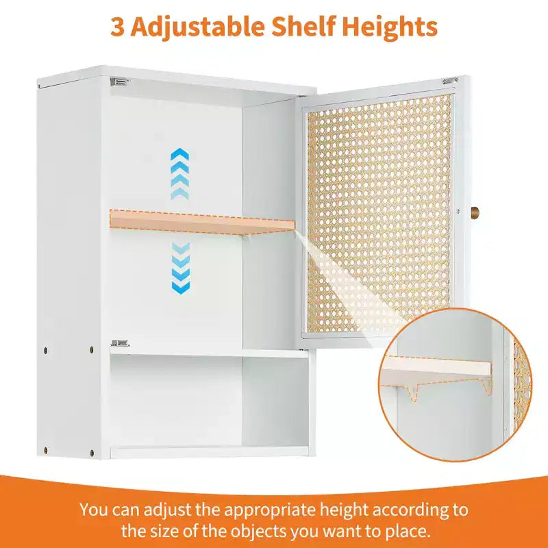 Wall Mounted Bamboo Bathroom Cabinet with Rattan Doors, Adjustable Shelf Medicine Cabinet and Space-Saving Organizer, Natural Wood/Black/White