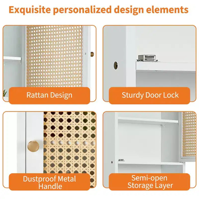 Wall Mounted Bamboo Bathroom Cabinet with Rattan Doors, Adjustable Shelf Medicine Cabinet and Space-Saving Organizer, Natural Wood/Black/White