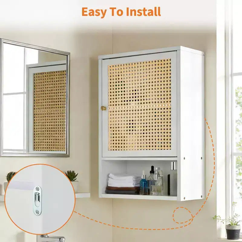 Wall Mounted Bamboo Bathroom Cabinet with Rattan Doors, Adjustable Shelf Medicine Cabinet and Space-Saving Organizer, Natural Wood/Black/White
