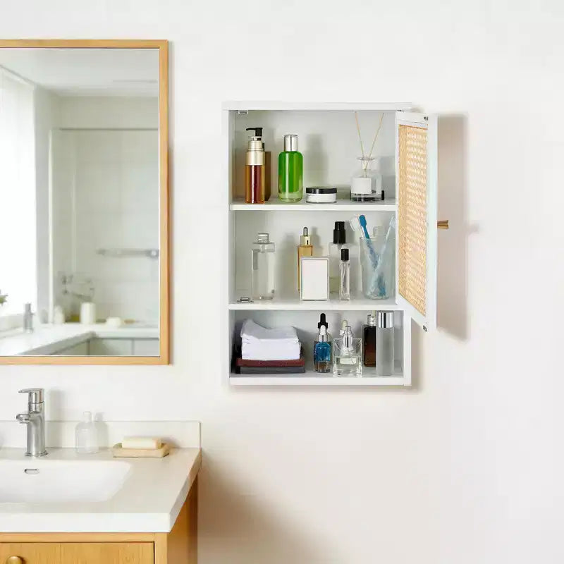 Wall Mounted Bamboo Bathroom Cabinet with Rattan Doors, Adjustable Shelf Medicine Cabinet and Space-Saving Organizer, Natural Wood/Black/White