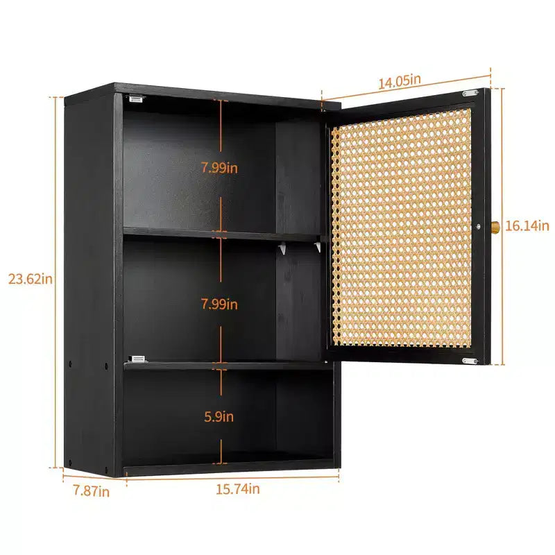 Wall Mounted Bamboo Bathroom Cabinet with Rattan Doors, Adjustable Shelf Medicine Cabinet and Space-Saving Organizer, Natural Wood/Black/White